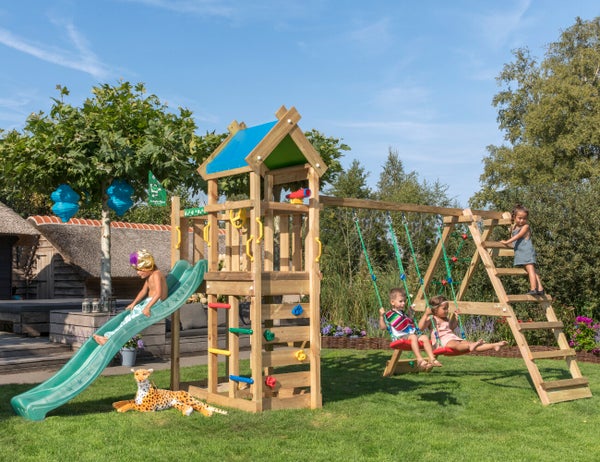 Jungle Gym Nomad sek&auml; kiipeilymoduuli, kaksi keinua ja tummanvihre&auml; liukum&auml;ki