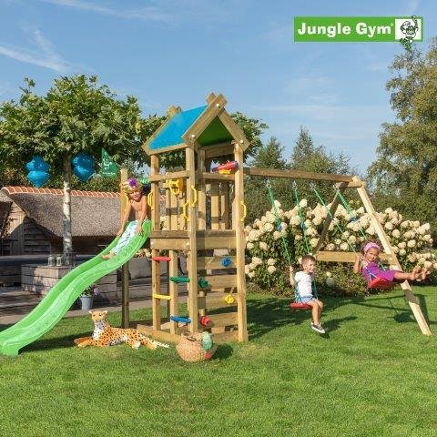 Jungle Gym Nomad sek&auml; keinumoduuli, kaksi keinua ja tummanvihre&auml; liukum&auml;ki