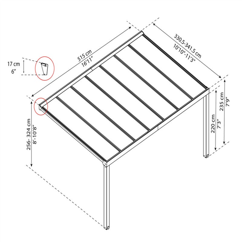 Palram - Canopia STOCKHOLM terassikatos 3.4 x 5.2 m, antrasiitti Sis. Kattokaihtimet