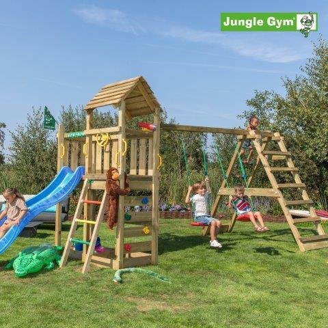 Jungle Gym Safari sek&auml; kiipeilymoduuli, kaksi keinua ja sininen liukum&auml;ki