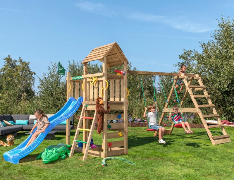 Jungle Gym Safari sek&auml; kiipeilymoduuli, kaksi keinua ja sininen liukum&auml;ki