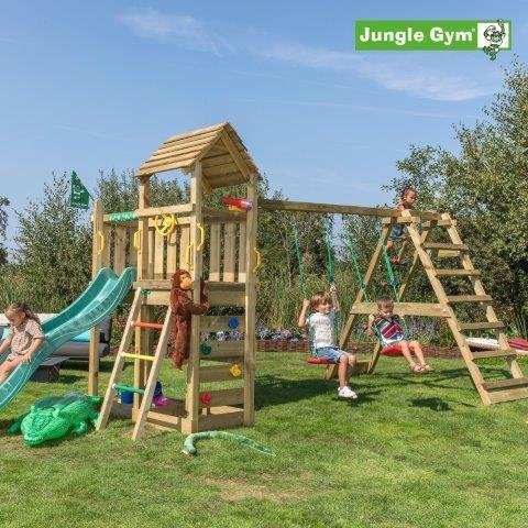 Jungle Gym Safari sek&auml; kiipeilymoduuli, kaksi keinua ja tummanvihre&auml; liukum&auml;ki