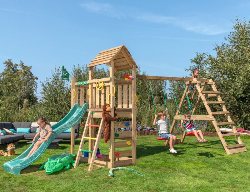 Jungle Gym Safari sek&auml; kiipeilymoduuli, kaksi keinua ja tummanvihre&auml; liukum&auml;ki