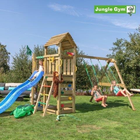 Jungle Gym Safari sek&auml; keinumoduuli, kaksi keinua ja sininen liukum&auml;ki