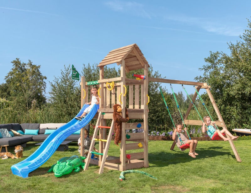 Jungle Gym Safari sek&auml; keinumoduuli, kaksi keinua ja sininen liukum&auml;ki