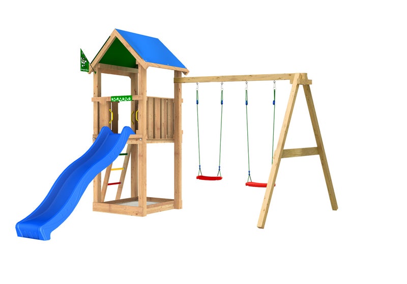 Jungle Gym Castle leikkitornikokonaisuus ja Swing Module X'tra sek&auml; liukum&auml;ki