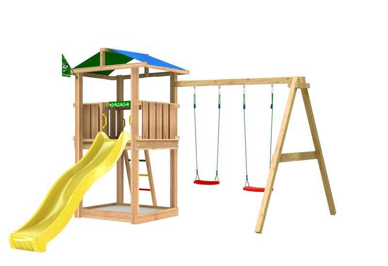 Jungle Gym Hut leikkitornikokonaisuus ja Swing Module X'tra sek&auml; liukum&auml;ki