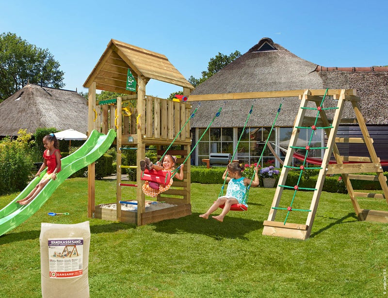 Leikkitorni Jungle Gym Cabin 2.1 ja Climb Module, 120 kg hiekkaa sek&auml; vihre&auml; liukum&auml;ki