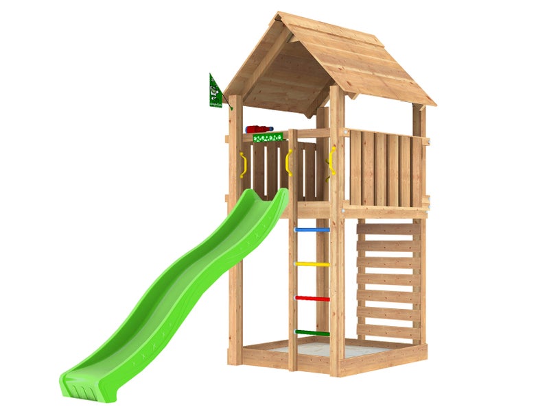 Leikkitorni Jungle Gym Cabin 2.1 ja 120 kg hiekkaa sek&auml; vihre&auml; liukum&auml;ki