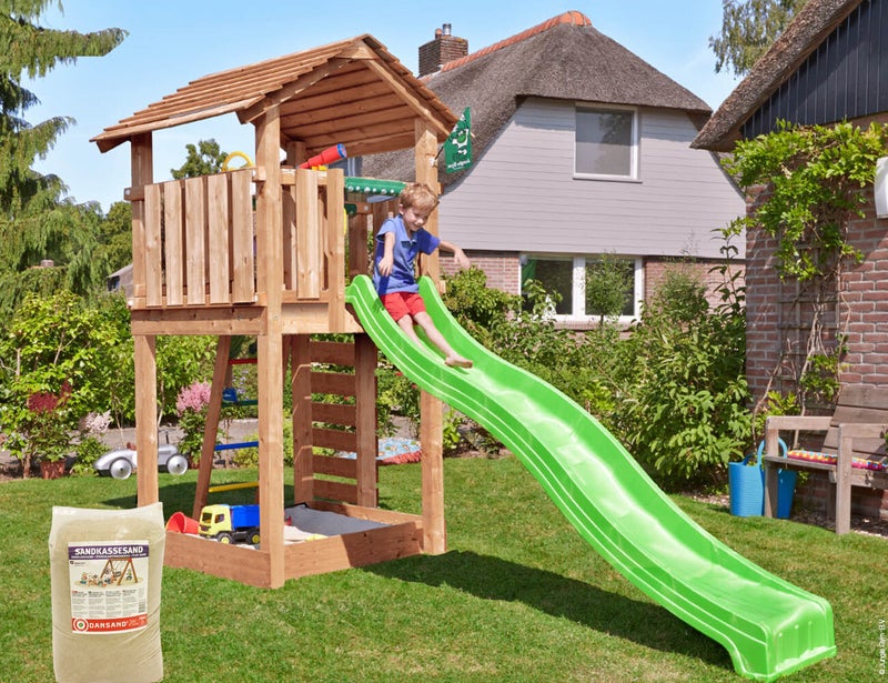 Leikkitorni Jungle Gym Cottage 2.1 sek&auml; Climb module, 120 kg hiekkaa ja vihre&auml; liukum&auml;ki