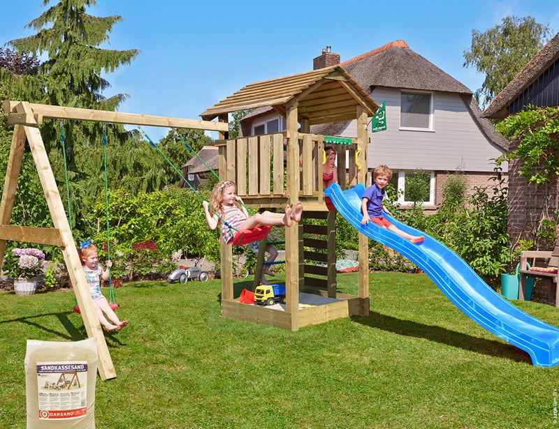 Leikkitorni Jungle Gym Cottage 2.1 sek&auml; Swing module, 120 kg hiekkaa ja sininen liukum&auml;ki